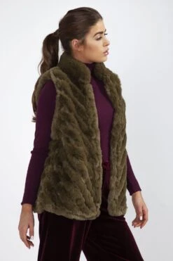 JAYLEY Green Faux Fur Faux Suede Diagonal Stripe Gilet