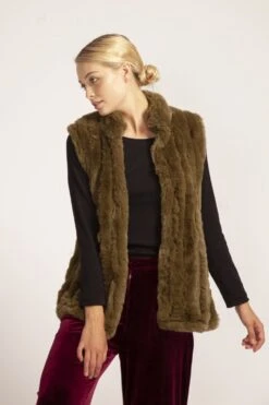 JAYLEY Green Faux Fur Faux Suede Vertical Stripe Gilet