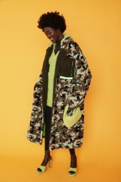 JAYLEY Green Full Length Camo Faux Fur Jacket