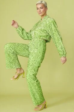 JAYLEY Green Sequin Trousers With Elasticated Waste