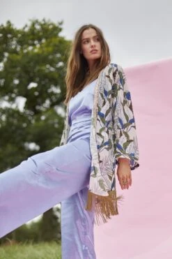 JAYLEY Green Silk Blend Kimono With Beaded Collar & Tassel Fringe