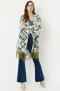 JAYLEY Green Silk Blend Kimono With Beaded Collar & Tassel Fringe -Deals Fabulous Women Wear Store jayley green silk blend kimono with beaded collar tassel fringe p6238 70219 image