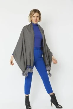 JAYLEY Grey Cashmere Blend Wrap With Faux Fur Heart Poms -Deals Fabulous Women Wear Store jayley grey cashmere blend wrap with faux fur heart poms p4827 62282 image