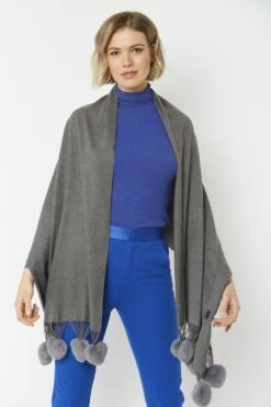 JAYLEY Grey Cashmere Blend Wrap With Faux Fur Heart Poms -Deals Fabulous Women Wear Store jayley grey cashmere blend wrap with faux fur heart poms p4827 62284 image