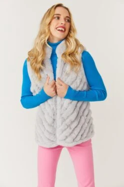 JAYLEY Grey Faux Fur Faux Suede Diagonal Stripe Gilet