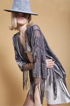 JAYLEY Grey Floral Print Silk Devore Jacket