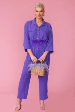 JAYLEY Grey Hand Made Salines Straw Bag With Ostrich Feather