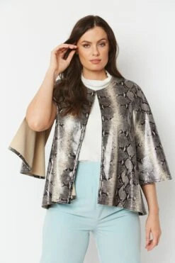 JAYLEY Grey Snake Print Faux Suede Cape