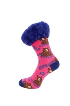 JAYLEY Grizzly Bear Print Faux Fur Trim Socks