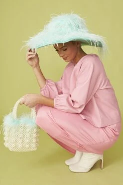 JAYLEY Light Blue Handmade Pearl Tote Bag With Feather Trim -Deals Fabulous Women Wear Store jayley light blue handmade pearl tote bag with feather trim p13058 88413 image