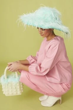 JAYLEY Light Blue Handmade Pearl Tote Bag With Feather Trim -Deals Fabulous Women Wear Store jayley light blue handmade pearl tote bag with feather trim p13058 88414 image