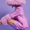 JAYLEY Metallic Pink Mongolian Fur Trim Jacket