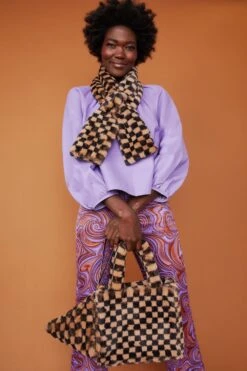 JAYLEY Mocha And Black Checkered Faux Fur Scarf With Bow Detail Fastening