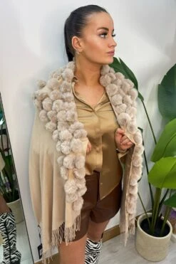 JAYLEY Mocha Cashmere Blend Faux Fur Pom Pom Wrap