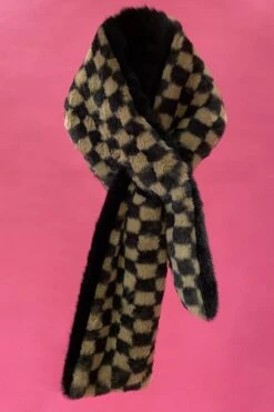 JAYLEY Mocha Checkered Print Multi-way Faux Fur Scarf