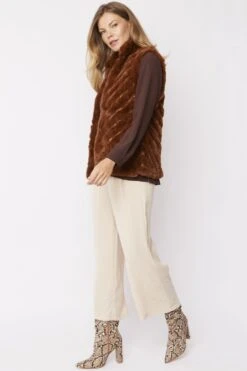 JAYLEY Mocha Faux Fur Faux Suede Diagonal Stripe Gilet