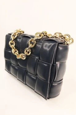 JAYLEY Navy Eco Leather Cross Woven Clutch Bag With Gold Chain