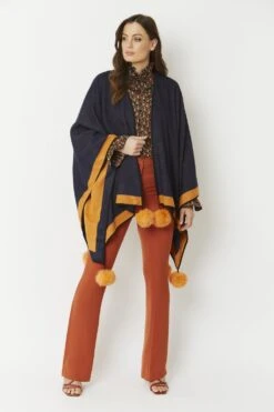 JAYLEY Navy Luxury Reversible Cashmere Blend Pom Pom Wrap