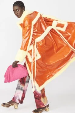 JAYLEY Orange Faux Fur And Faux Suede Trench Coat