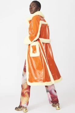 JAYLEY Orange Faux Fur And Faux Suede Trench Coat -Deals Fabulous Women Wear Store jayley orange faux fur and faux suede trench coat p11544 80477 image