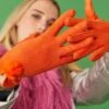 JAYLEY Orange Faux Suede Gloves With Faux Fur Pom