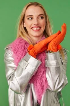 JAYLEY Orange Faux Suede Gloves With Faux Fur Pom -Deals Fabulous Women Wear Store jayley orange faux suede gloves with faux fur pom p11496 80092 image