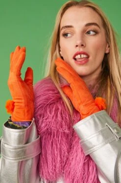 JAYLEY Orange Faux Suede Gloves With Faux Fur Pom -Deals Fabulous Women Wear Store jayley orange faux suede gloves with faux fur pom p11496 80093 image