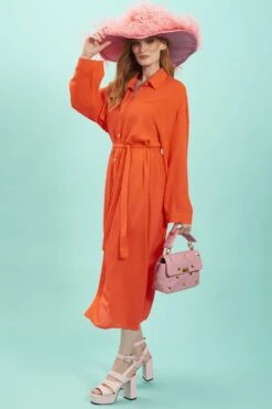 JAYLEY Orange Silk Blend Maxi Shirt Dress