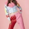 JAYLEY Patchwork Pink And Red Eco Leather Fitted Trousers