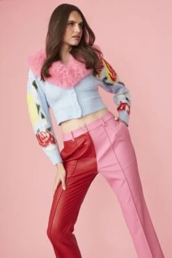 JAYLEY Patchwork Pink And Red Eco Leather Fitted Trousers