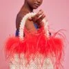 JAYLEY Pink Handmade Pearl Tote Bag With Feather Trim