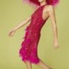 JAYLEY Pink Sequin And Feather Halter Dress With Key Hole Detail