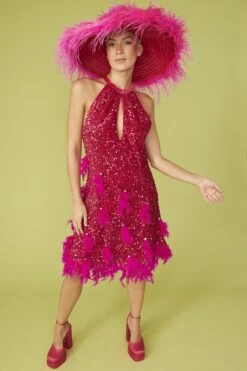 JAYLEY Pink Sequin And Feather Halter Dress With Key Hole Detail -Deals Fabulous Women Wear Store jayley pink sequin and feather halter dress with key hole detail p13186 89370 image