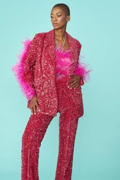 JAYLEY Pink Sequin Feather Trim Blazer