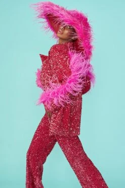 JAYLEY Pink Sequin Feather Trim Blazer -Deals Fabulous Women Wear Store jayley pink sequin feather trim blazer p12739 86279 image