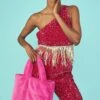 JAYLEY Pink Sequin One Shoulder Cropped Top With Sequin Tassels
