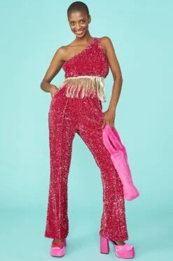 JAYLEY Pink Sequin One Shoulder Cropped Top With Sequin Tassels -Deals Fabulous Women Wear Store jayley pink sequin one shoulder cropped top with sequin tassels p12913 87506 image