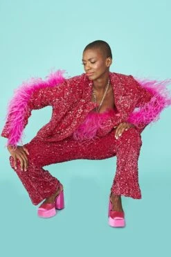 JAYLEY Pink Sequin Trousers With Elasticated Waist -Deals Fabulous Women Wear Store jayley pink sequin trousers with elasticated waist p13493 91352 image