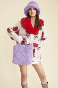 JAYLEY Purple Faux Fur Diamond Stitch Tote Bag