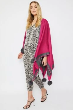 JAYLEY Purple Luxury Reversible Cashmere Blend Pom Pom Wrap