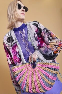 JAYLEY Purple Straw Half Moon Beach Bag