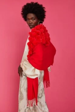 JAYLEY Red Cashmere Blend Faux Fur Pom Pom Wrap -Deals Fabulous Women Wear Store jayley red cashmere blend faux fur pom pom wrap p10160 75610 image