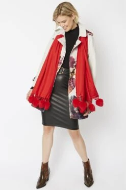 JAYLEY Red Cashmere Blend Wrap With Faux Fur Heart Poms -Deals Fabulous Women Wear Store jayley red cashmere blend wrap with faux fur heart poms p4823 62261 image