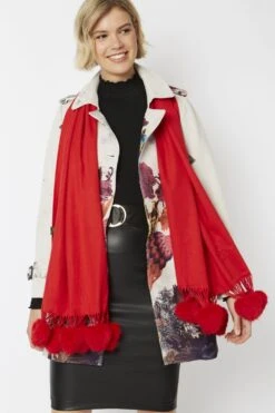 JAYLEY Red Cashmere Blend Wrap With Faux Fur Heart Poms -Deals Fabulous Women Wear Store jayley red cashmere blend wrap with faux fur heart poms p4823 62262 image