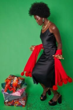 JAYLEY Red Cashmere Blend Wrap With Faux Fur Heart Poms -Deals Fabulous Women Wear Store jayley red cashmere blend wrap with faux fur heart poms p4823 76172 image