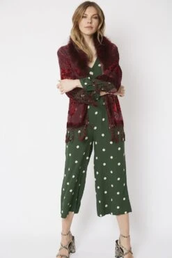 JAYLEY Red Fur Collar Devore Jacket