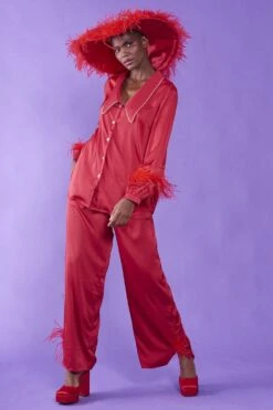 JAYLEY Red Silk Pyjamas With Feather Trim