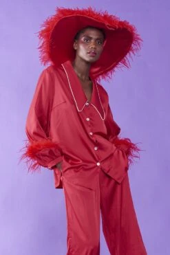 JAYLEY Red Silk Pyjamas With Feather Trim -Deals Fabulous Women Wear Store jayley red silk pyjamas with feather trim p13061 88434 image