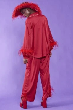 JAYLEY Red Silk Pyjamas With Feather Trim -Deals Fabulous Women Wear Store jayley red silk pyjamas with feather trim p13061 88435 image