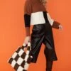 JAYLEY Shearling Checkered Tote Bag In Chocolate And Cream